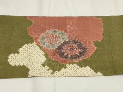 平和屋着物▼中国三大刺繍 汕頭刺繍 スワトウ刺繍 九寸名古屋帯 紬地 絞り 雪輪花文 正絹 逸品 AABH7841wj