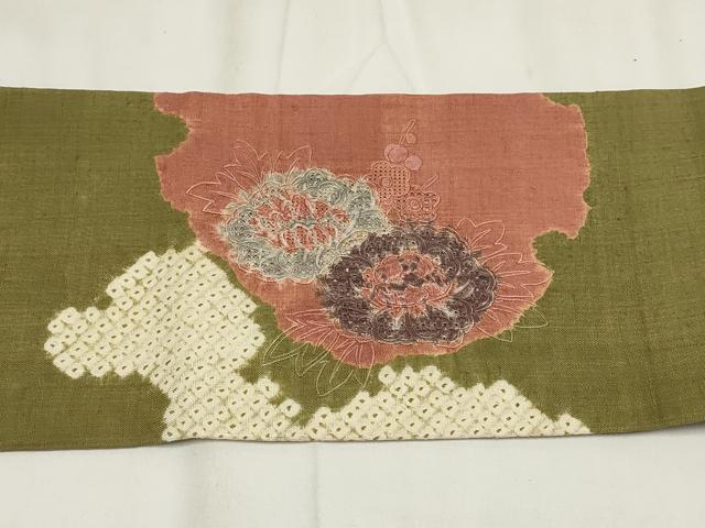 平和屋着物▼中国三大刺繍 汕頭刺繍 スワトウ刺繍 九寸名古屋帯 紬地 絞り 雪輪花文 正絹 逸品 AABH7841wj