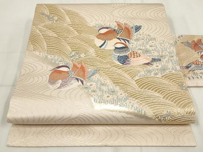 平和屋着物◎九寸名古屋帯 流水鴛鴦文 金糸 正絹 逸品 AABH7893wj