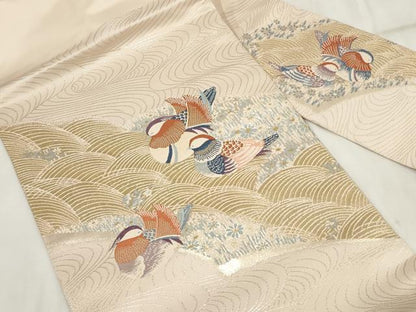 平和屋着物◎九寸名古屋帯 流水鴛鴦文 金糸 正絹 逸品 AABH7893wj