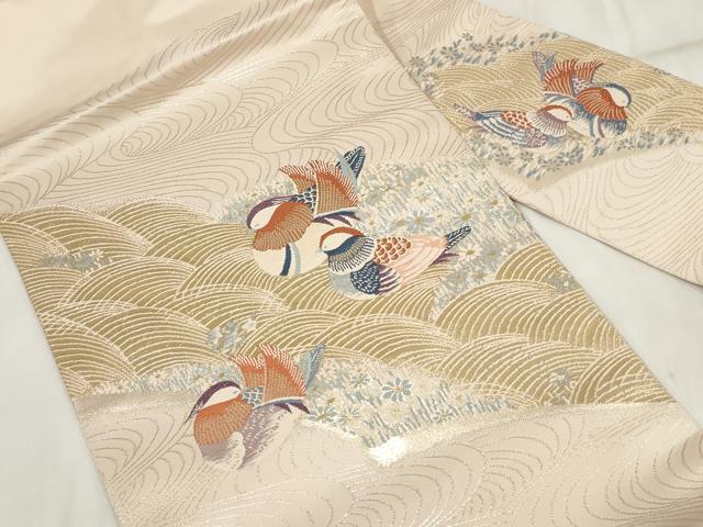 平和屋着物◎九寸名古屋帯 流水鴛鴦文 金糸 正絹 逸品 AABH7893wj