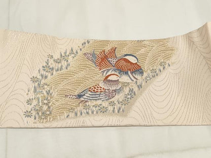 平和屋着物◎九寸名古屋帯 流水鴛鴦文 金糸 正絹 逸品 AABH7893wj