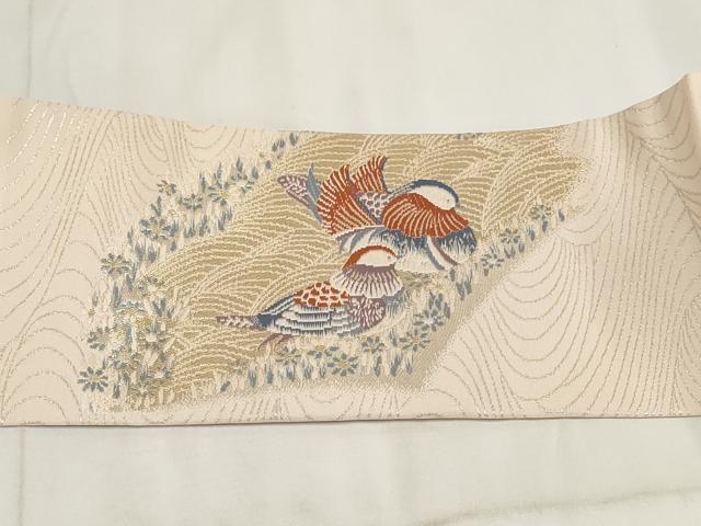 平和屋着物◎九寸名古屋帯 流水鴛鴦文 金糸 正絹 逸品 AABH7893wj