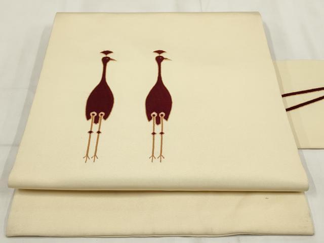 平和屋着物◎九寸名古屋帯 駒刺繍 モール 孔雀 金糸 正絹 逸品 AABH7895wj