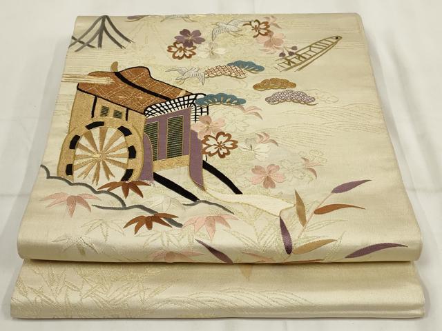 平和屋着物◎アンティーク 大正ロマン 丸帯 引き抜き帯 刺繍 御所車花文 金糸 正絹 逸品 AABH7948wj