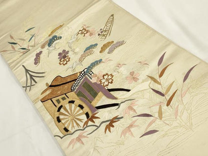 平和屋着物◎アンティーク 大正ロマン 丸帯 引き抜き帯 刺繍 御所車花文 金糸 正絹 逸品 AABH7948wj