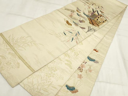 平和屋着物◎アンティーク 大正ロマン 丸帯 引き抜き帯 刺繍 御所車花文 金糸 正絹 逸品 AABH7948wj