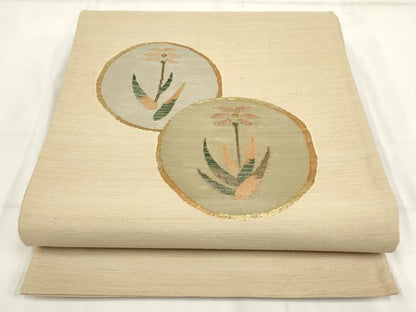 平和屋着物◎綴れ 太鼓柄袋帯 紬地 花丸文 金糸 正絹 逸品 AABH7951wj