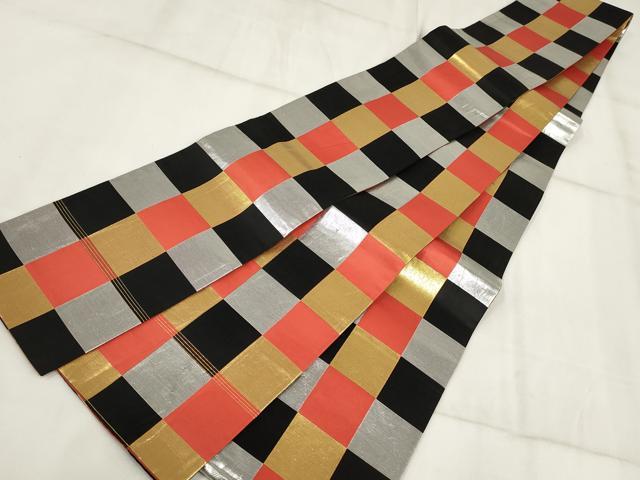 平和屋着物◎半幅帯 市松文様 金銀糸 正絹 逸品 AABH8059wj