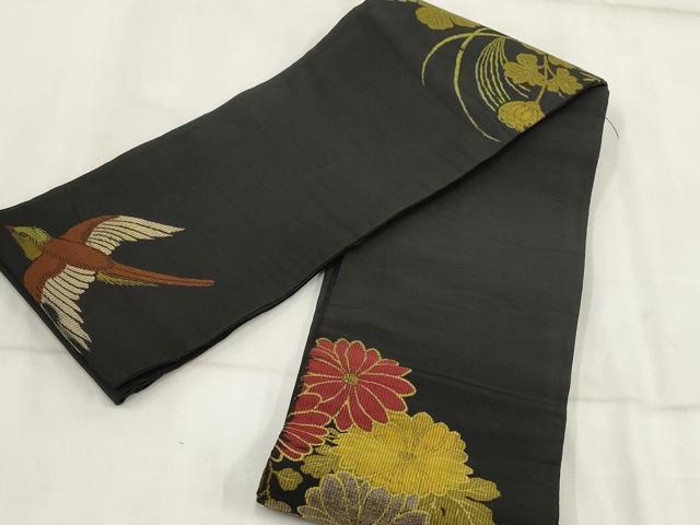 平和屋着物◎アンティーク 大正ロマン 半幅帯 花鳥文 黒地 正絹 逸品
