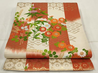 平和屋着物◎六通柄袋帯 唐織 草花文 金糸 正絹 逸品 AABH8081wj