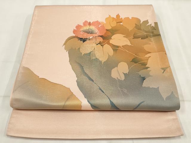 平和屋着物◎太鼓柄袋帯　作家物　手描き　草花文　正絹　逸品　AABH8092wj