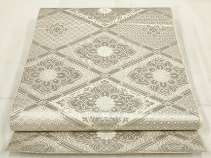 平和屋着物◎六通柄 本袋帯 花菱文 手織錦 純プラチナ箔 銀糸 正絹 逸品 AABH8095wj