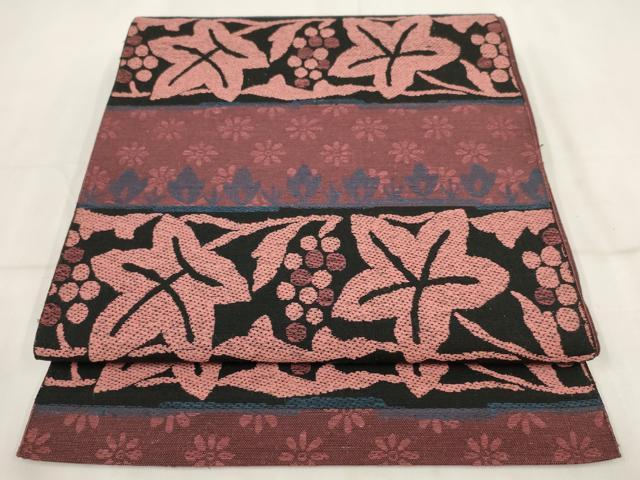 平和屋着物◎八寸名古屋帯 横段葡萄蔦の葉文 正絹 逸品 AABH8098wj