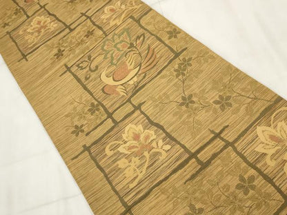 平和屋着物◎六通柄袋帯 色紙花鳥文 正絹 逸品 AABH8099wj