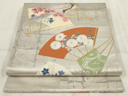 平和屋着物◎太鼓柄袋帯　唐織　扇面花文　金糸　正絹　逸品　AABH8103wj