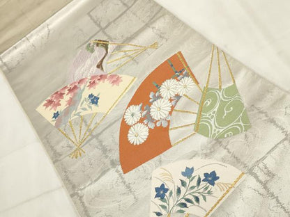 平和屋着物◎太鼓柄袋帯　唐織　扇面花文　金糸　正絹　逸品　AABH8103wj