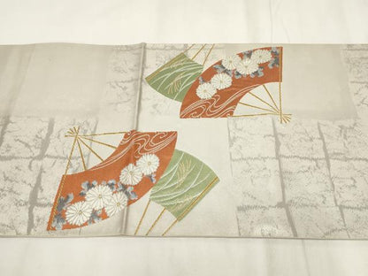 平和屋着物◎太鼓柄袋帯　唐織　扇面花文　金糸　正絹　逸品　AABH8103wj