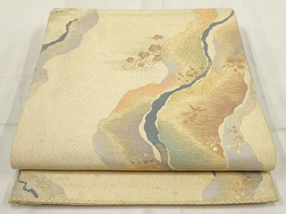 平和屋着物◎両面六通柄袋帯　道長葉文　金糸　正絹　逸品　AABH8107wj