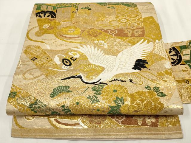 平和屋着物◎アンティーク　大正ロマン　九寸名古屋帯　扇面飛鶴花文　金糸　正絹　逸品　AABH8139wj