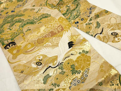 平和屋着物◎アンティーク　大正ロマン　九寸名古屋帯　扇面飛鶴花文　金糸　正絹　逸品　AABH8139wj