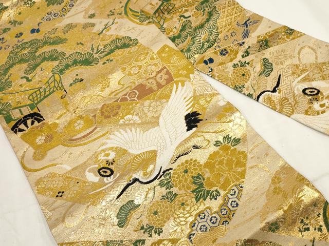 平和屋着物◎アンティーク　大正ロマン　九寸名古屋帯　扇面飛鶴花文　金糸　正絹　逸品　AABH8139wj