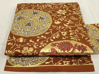 平和屋着物◎九寸名古屋帯　草花丸文　金糸　正絹　逸品　AABH8140wj