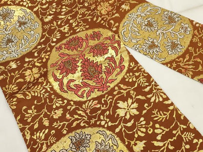 平和屋着物◎九寸名古屋帯　草花丸文　金糸　正絹　逸品　AABH8140wj