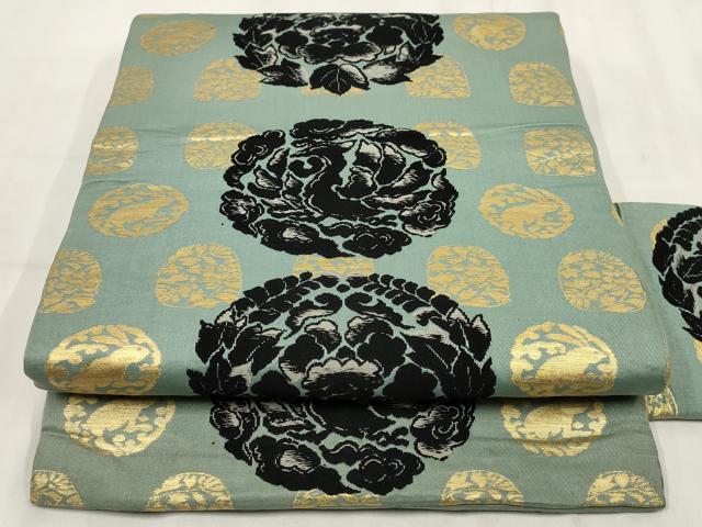 平和屋着物◎アンティーク　大正ロマン　九寸名古屋帯　草花文　金銀糸　正絹　逸品　AABH8144wj