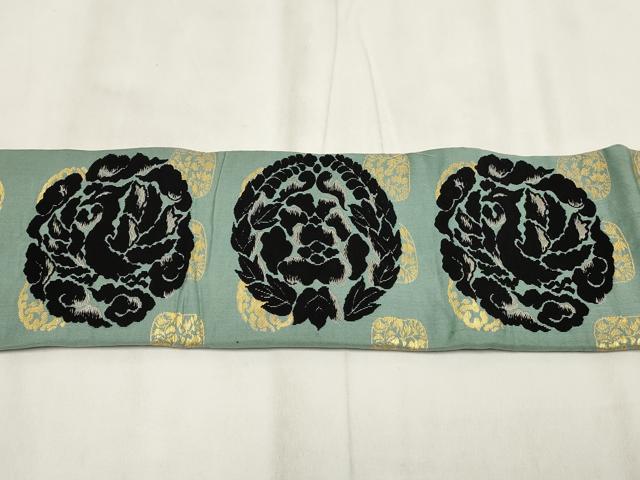 平和屋着物◎アンティーク　大正ロマン　九寸名古屋帯　草花文　金銀糸　正絹　逸品　AABH8144wj