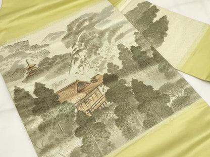 平和屋着物◎九寸名古屋帯　遠山風景樹林文　金銀糸　正絹　逸品　AABH8148wj