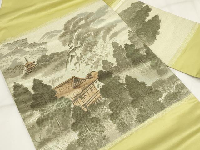 平和屋着物◎九寸名古屋帯　遠山風景樹林文　金銀糸　正絹　逸品　AABH8148wj