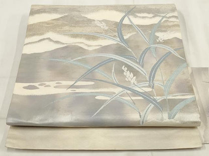 平和屋着物◎九寸名古屋帯　遠山枝葉文　銀糸　正絹　逸品　AABH8149wj