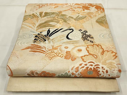 平和屋着物◎アンティーク 大正ロマン 丸帯 飛鶴流水花文 金銀糸 正絹 逸品 AABH8151wj