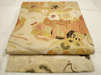 平和屋着物◎アンティーク　大正ロマン　丸帯　鶴　松竹梅　金銀糸　正絹　逸品　AABH8152wj