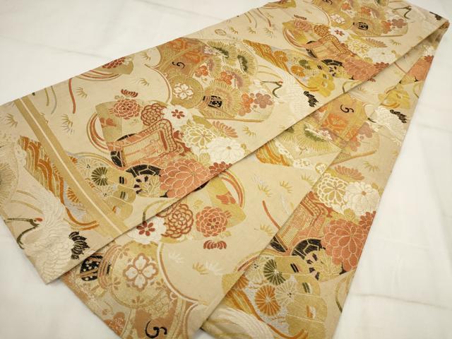 平和屋着物◎アンティーク　大正ロマン　丸帯　鶴　松竹梅　金銀糸　正絹　逸品　AABH8152wj