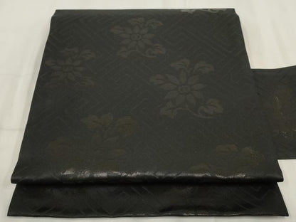 平和屋着物◎九寸名古屋帯　草花文　黒地　正絹　逸品　AABH8159wj