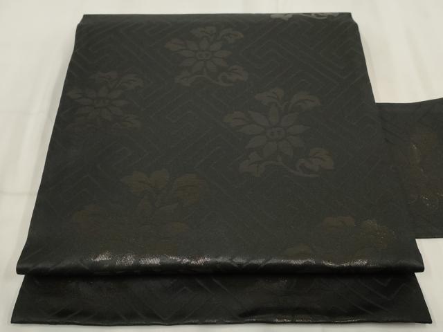 平和屋着物◎九寸名古屋帯　草花文　黒地　正絹　逸品　AABH8159wj