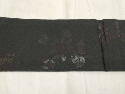 平和屋着物◎九寸名古屋帯　草花文　黒地　正絹　逸品　AABH8159wj