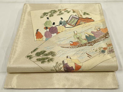 平和屋着物◎太鼓柄袋帯 手描き 地紙人物風景文 金糸 正絹 逸品 AABH8160wj