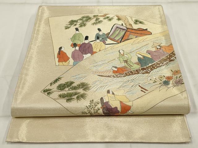 平和屋着物◎太鼓柄袋帯 手描き 地紙人物風景文 金糸 正絹 逸品 AABH8160wj