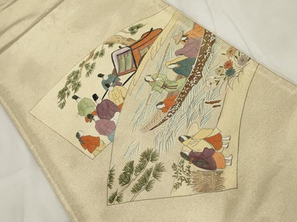 平和屋着物◎太鼓柄袋帯 手描き 地紙人物風景文 金糸 正絹 逸品 AABH8160wj