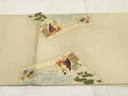 平和屋着物◎太鼓柄袋帯 手描き 地紙人物風景文 金糸 正絹 逸品 AABH8160wj