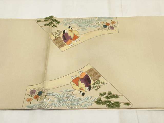 平和屋着物◎太鼓柄袋帯 手描き 地紙人物風景文 金糸 正絹 逸品 AABH8160wj