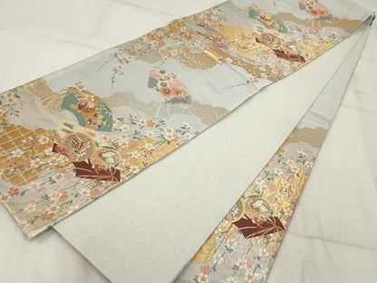 平和屋着物▼六通柄袋帯　地紙花蝶文　金銀糸　正絹　逸品　AABH8161wj