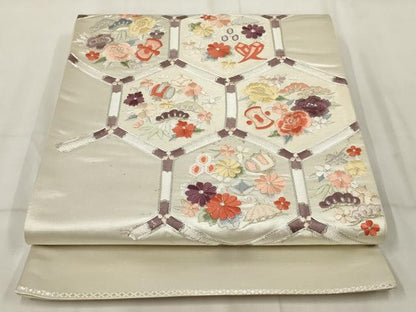 平和屋着物▼西陣　総刺繍　袋帯　亀甲花文　銀糸　証紙付き　正絹　逸品　AABH8171wj