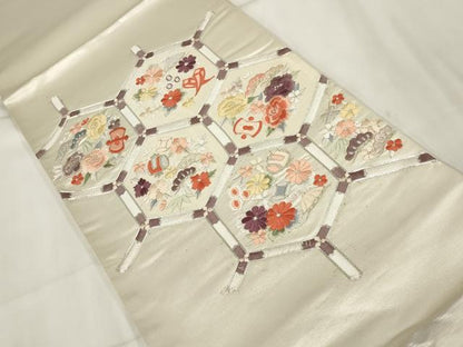 平和屋着物▼西陣　総刺繍　袋帯　亀甲花文　銀糸　証紙付き　正絹　逸品　AABH8171wj