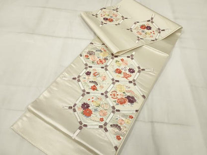 平和屋着物▼西陣　総刺繍　袋帯　亀甲花文　銀糸　証紙付き　正絹　逸品　AABH8171wj