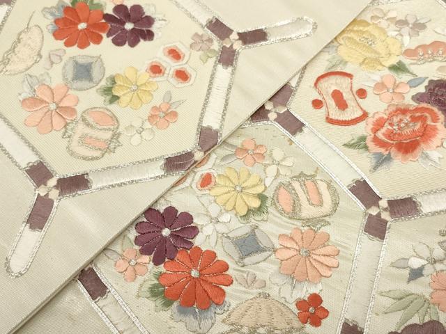 平和屋着物▼西陣　総刺繍　袋帯　亀甲花文　銀糸　証紙付き　正絹　逸品　AABH8171wj