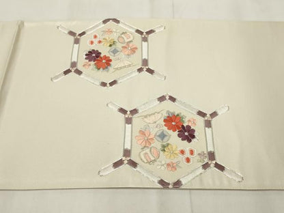平和屋着物▼西陣　総刺繍　袋帯　亀甲花文　銀糸　証紙付き　正絹　逸品　AABH8171wj